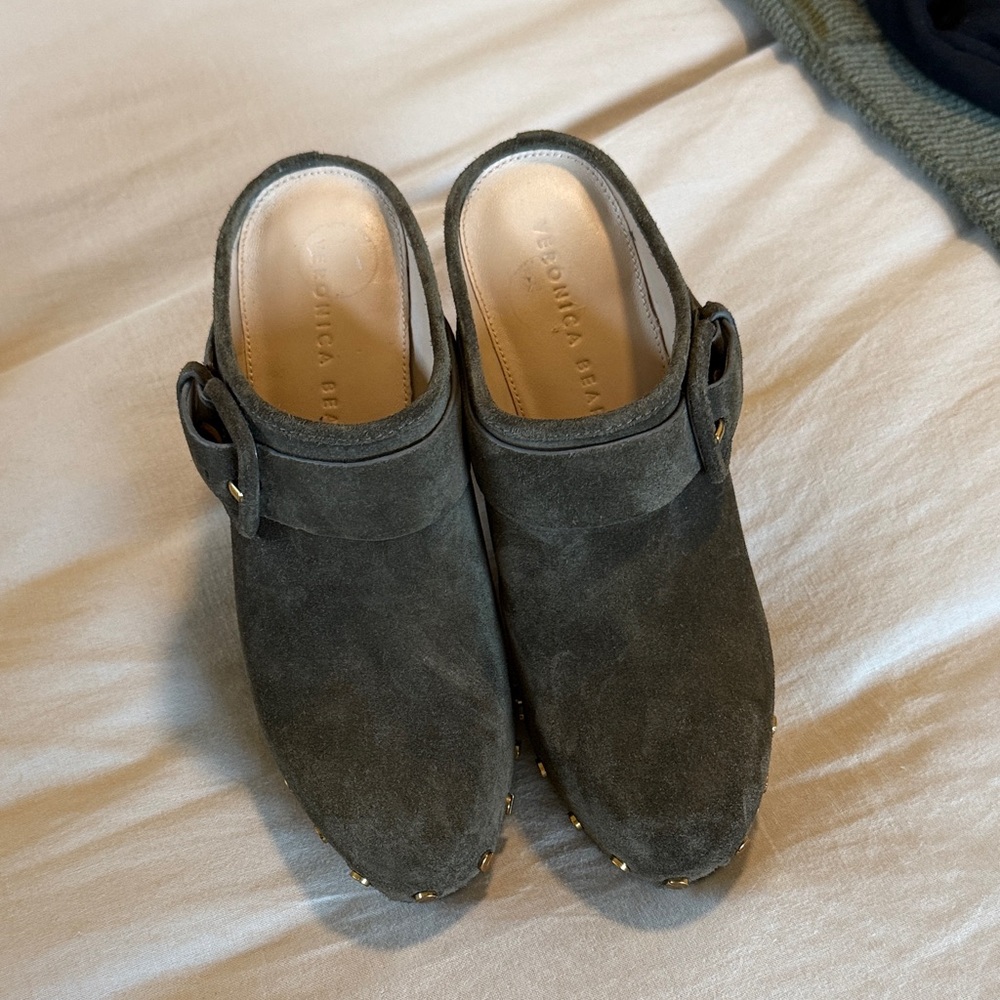 Veronica Beard Olive Suede Slip-On Mules with Buckle